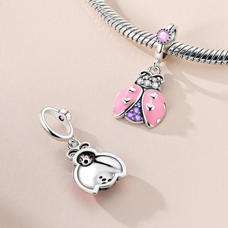 925 Silver Panda Pink Dolphin Pendant Charm Jewelry Fit Bracelet Necklace Women DIY Gift