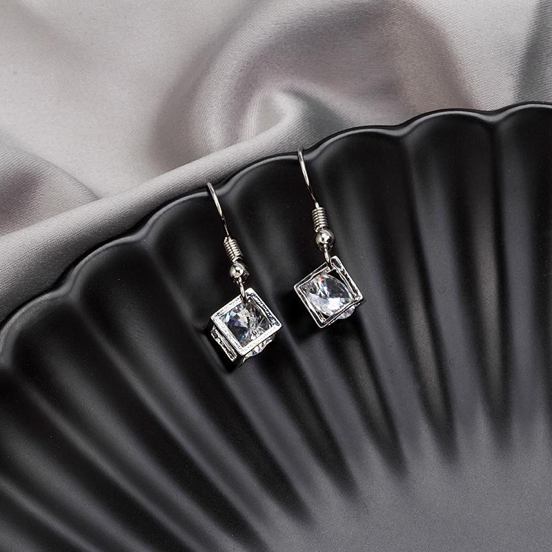 Korean Zircon Square Earrings: Fashionable, Fresh, Three-Dimensional Diamond-Inlaid Short Drop Studs