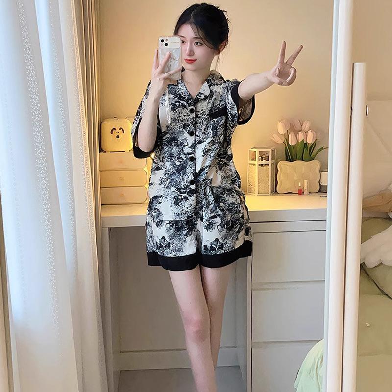 Ice silk pajamas women's summer short-sleeved new Chinese ink painting high-end lace edge thin loungewear set