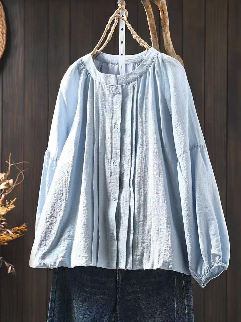 Johnature Women Spring Vintage Shirts Button Solid Color Blouses Loose O-Neck Long Sleeve Casual Female Shirts