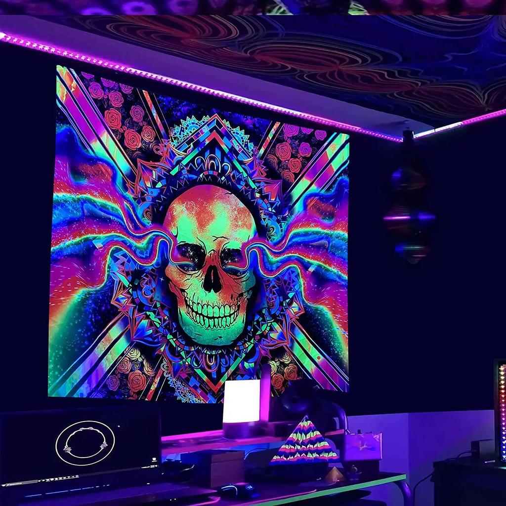 Психоделический черный свет череп флуоресцентный гобелен УФ-реактивный настенный хиппи триповый домашний декор