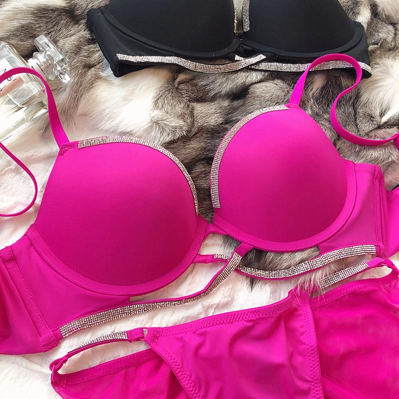 Sexy Women Underwear Set Cross Hollow Bra Fashion Rhinestones Cup Solid Color Push Up Brassiere Deep V Lingerie 2 Pieces Set