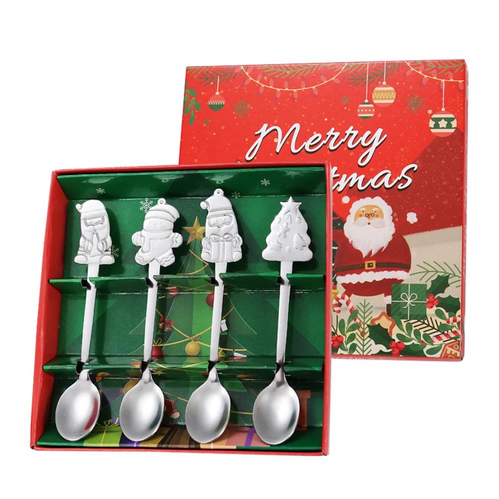 4/1PCS Christmas Dinnerware Stainless Steel Coffee Spoon Dessert Fruit Fork Cartoon Santa Claus Spoon Fork Xmas Table Supplies