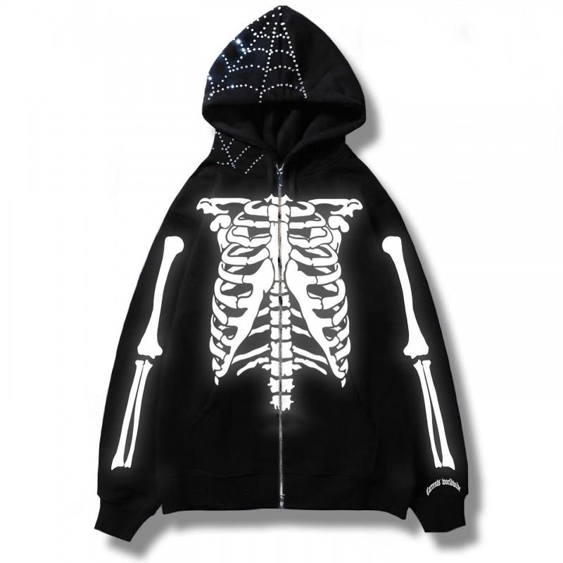 Y2K Punk Gothic Skull Spiderweb Print Hooded Long Sleeve Zip-Up Sweatshirt Unisex Oversized Streetwear