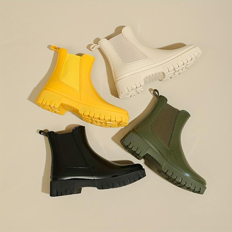 Женские резиновые сапоги на толстой подошве, эластичные вставки для легкого надевания, амортизирующий комфорт, черно-желто-зеленые, модная повседневная и профессиональная обувь
