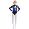 Girls Shiny Rhinestones Leotard Color Block Patchwork Keyhole Back Sheer Mesh Long Sleeve Bodysuit