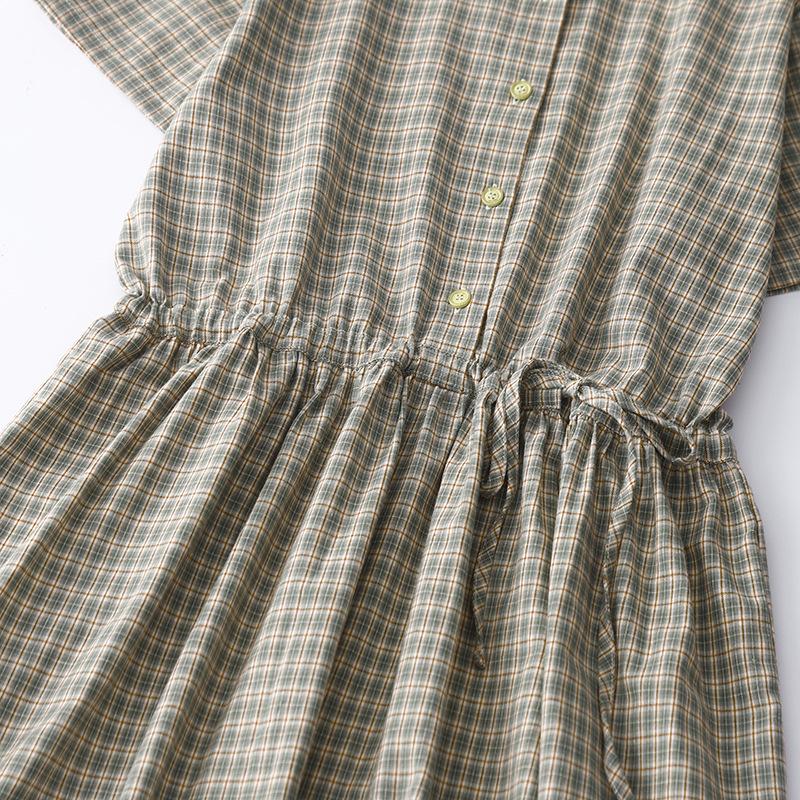 2025 лето Mori ретро литературный хлопковый клетчатый рубашка юбка шнуровка талия среднее и длинное платье для женщин