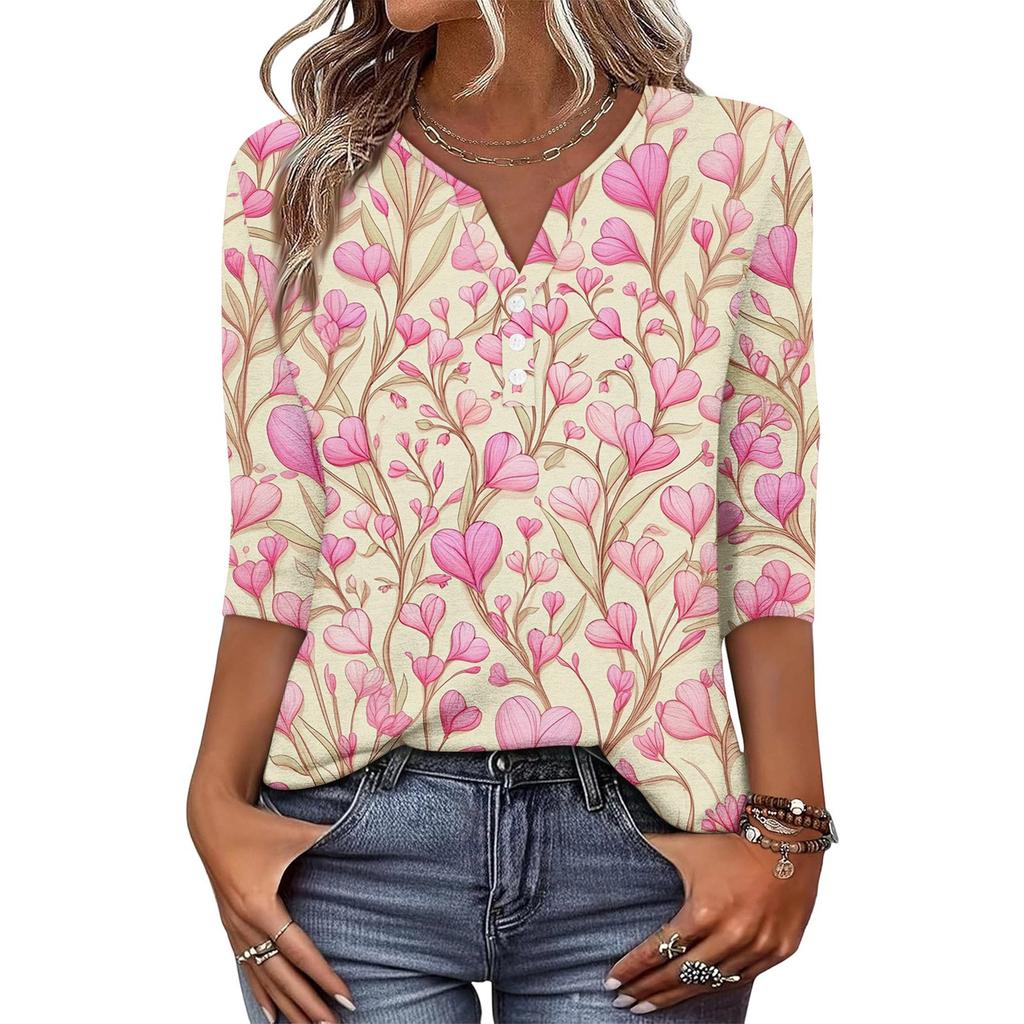 Женская модная повседневная ретро футболка с цветочным принтом, V-образным вырезом, на пуговицах, с рукавом три четверти