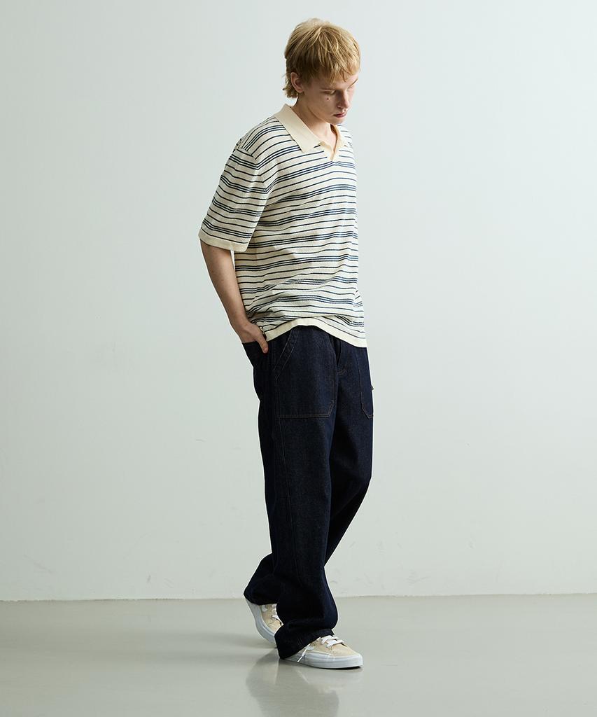ONNHANS Striped Open Collar Short Sleeve Knit_Ivory
