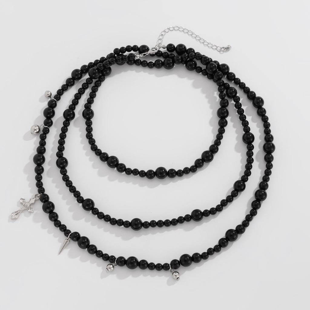 Dark Style Acrylic Beaded Necklace with Cross Pendant - All-Match European and American Fashion for Women