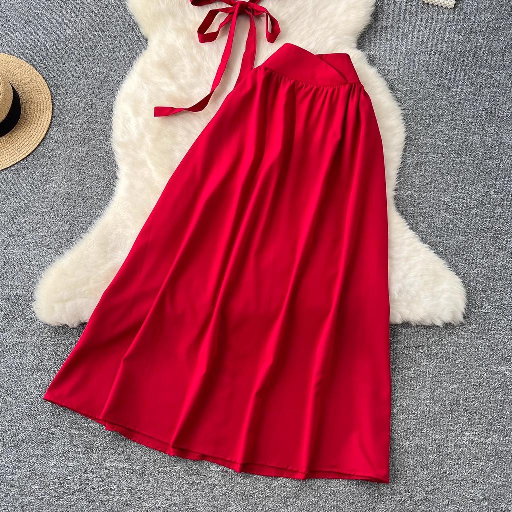 French Style Set with Women's Design Sense, Tie Up Waist, V-neck, Bubble Sleeve Shirt, High Waist, Big Swing Skirt, Two-piece Skirt Set