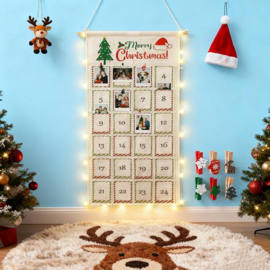 Рождественская доска для обратного отсчета с фотографиями, фото адвент-календарь с рождественскими прищепками, многоразовая доска-коллаж для фотодисплея со светодиодной подсветкой для фестивальных воспоминаний