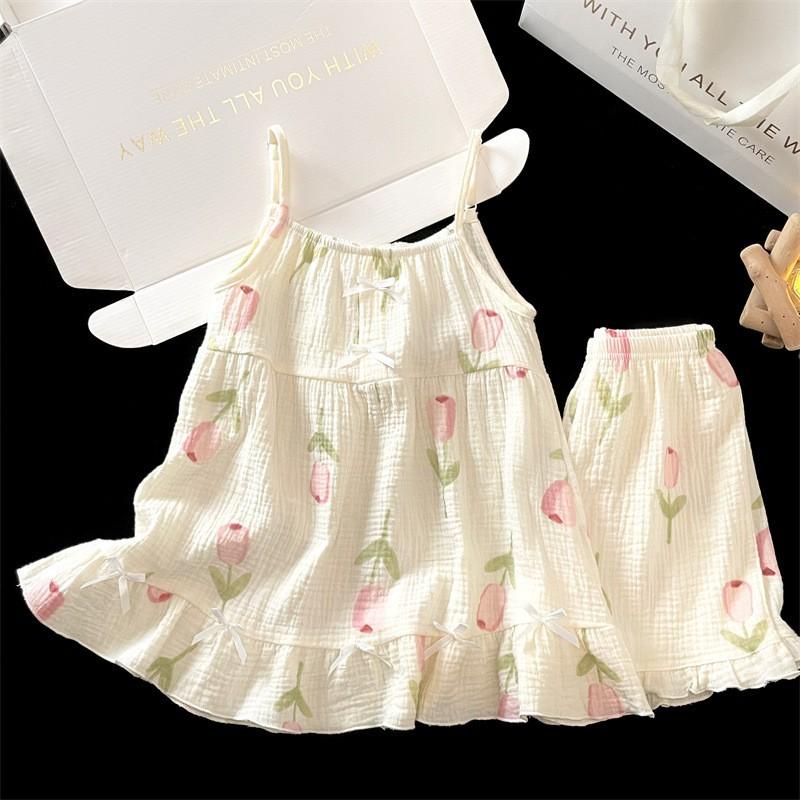 2026 Girls Cotton Pajama Set Lightweight Sleepwear Cartoon Print Tank Top Shorts Two Piece Home Outfit