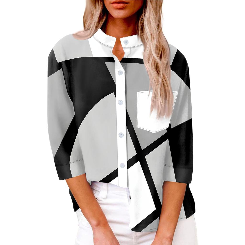 Women's Fashion Casual Shirt Button Loose Seven Sleeve Striped Patchwork Printed Top