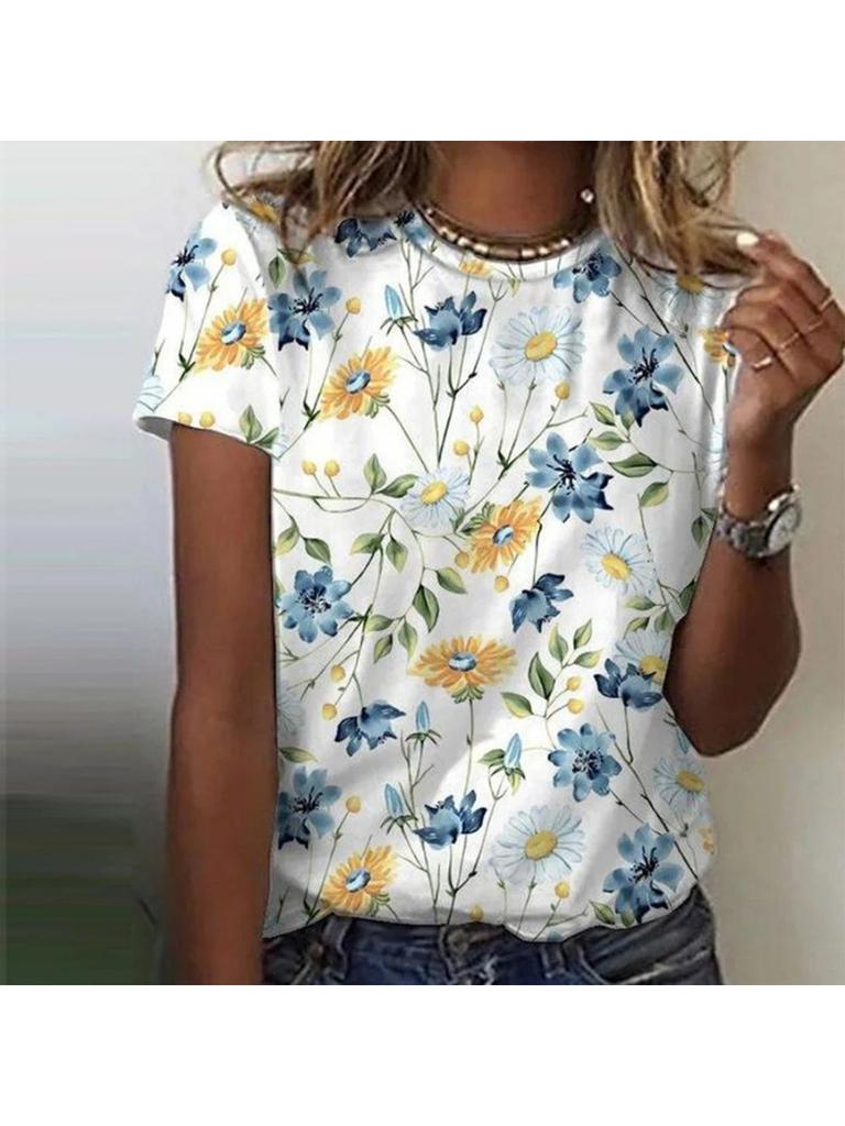 Летняя женская уличная модная футболка с цветочным принтом 3D с коротким рукавом, повседневная универсальная свободная футболка с круглым вырезом, женская одежда