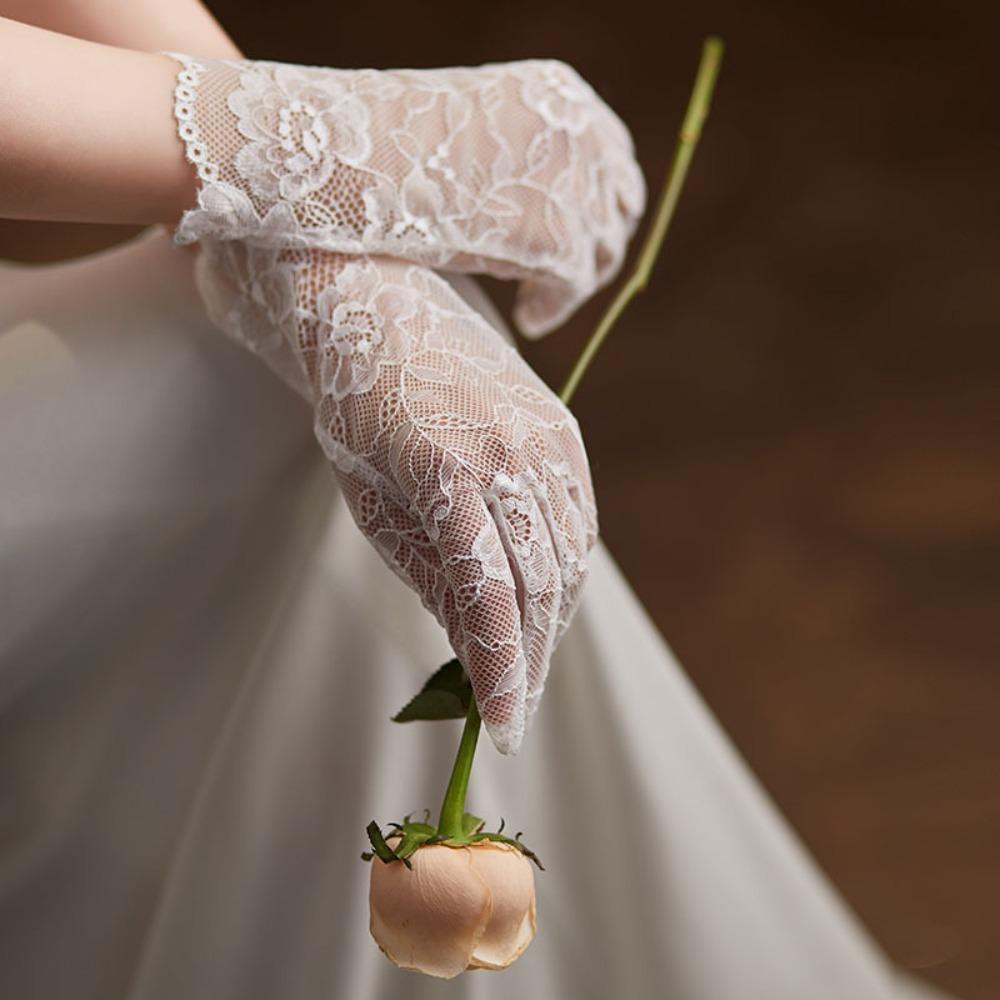 Full Finger Short Lace Gloves Floral Costume Accessories Elegant Wedding Gloves  Women