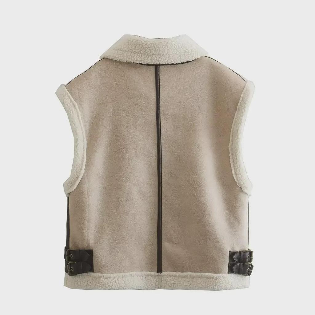 Европейский и американский стиль 2023 года, осенняя куртка-жилет без рукавов из искусственного меха в стиле пэчворк