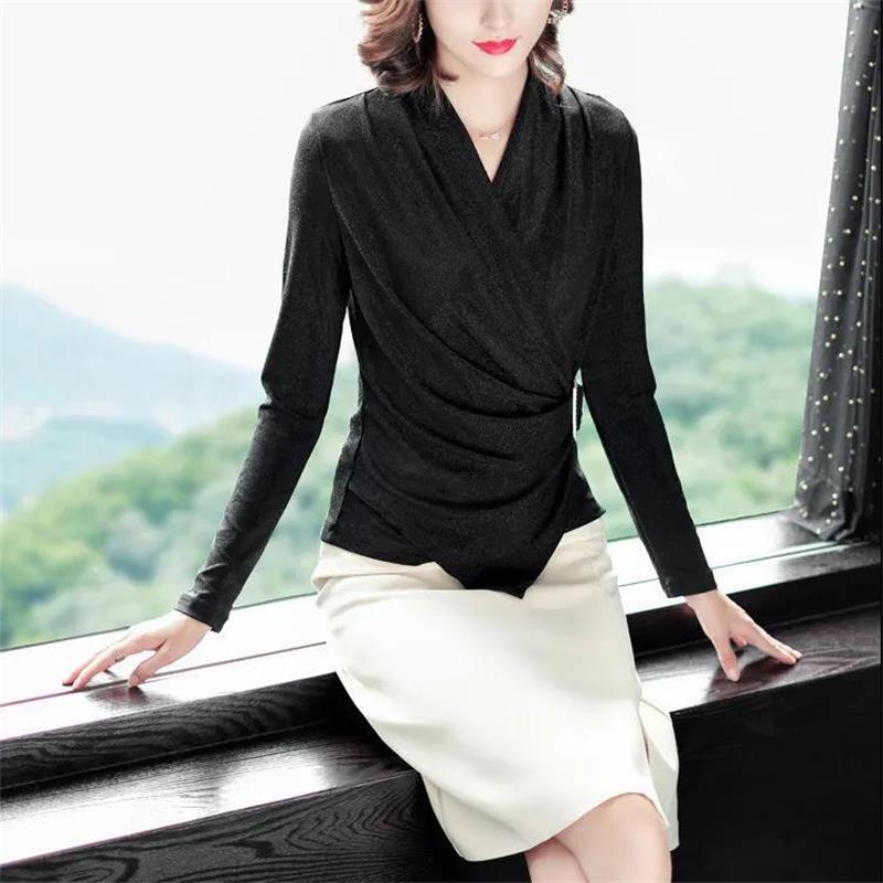Autumn Long Sleeve Women's Blouse Sexy Cross V-neck Thin Black Female Blouses Spring Casual Office Elegant Lady Top Pullover