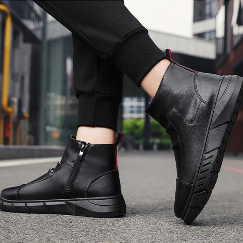 Мужские ботинки, зимние новые черные высокие ботинки, плюшевые, теплые, в британском стиле, удобные, нескользящие, из искусственной кожи, на молнии