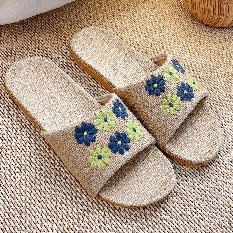 Ретро мода вышитые женские льняные тапочки