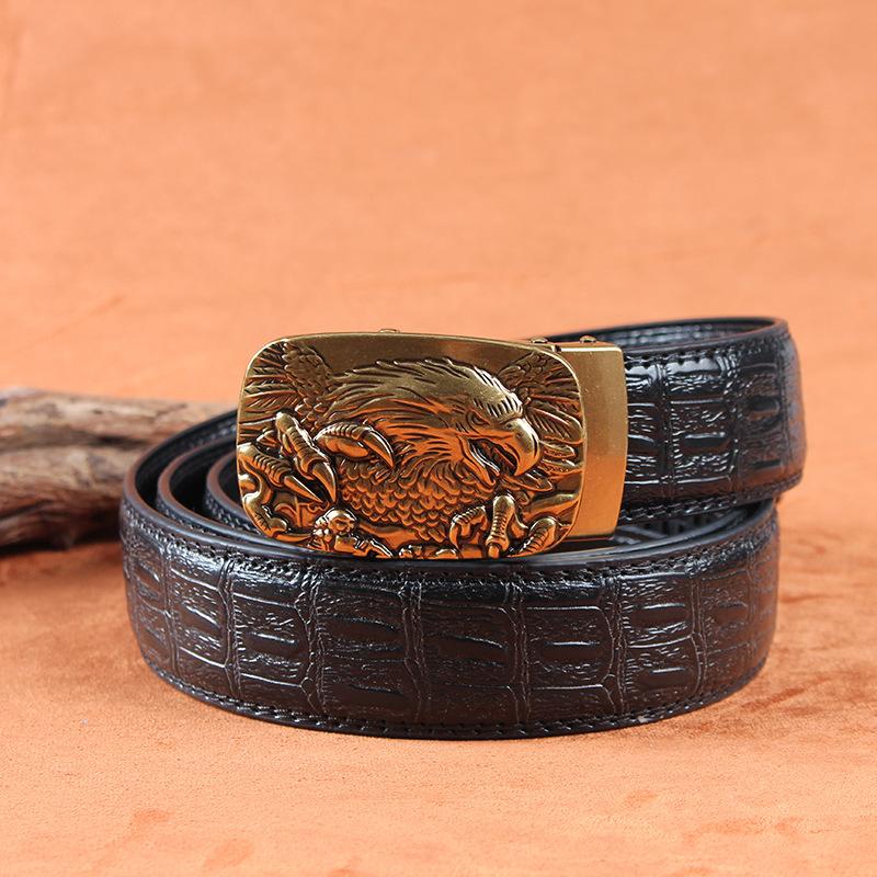 Men's Leather Belt with Automatic Buckle, Genuine Leather, Bronze Buckle, Faucet for Middle-aged and Young Business Casual Pants