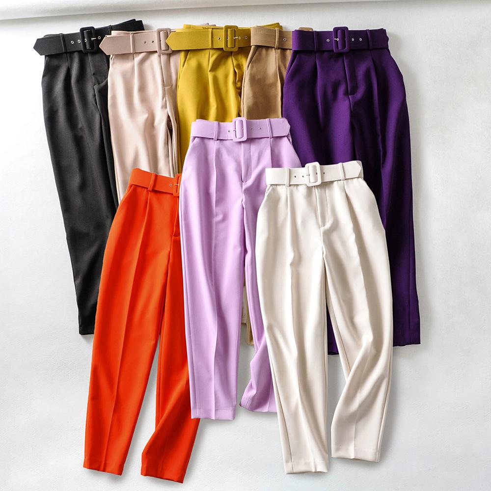 Pants Suit Women High Waist Sashes Pockets Middle Aged Long Pant