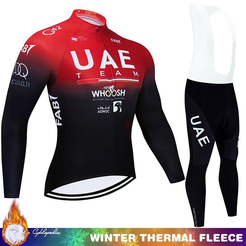 Мужской зимний комплект для велоспорта Team UAE с термофлисом - джерси с длинным рукавом и брюки-бибсы с подкладкой