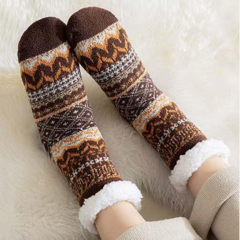 Anti Slip Thicken Velvet Socks Patchwork Sleeping Socks Warm Fleece Socks Women Winter
