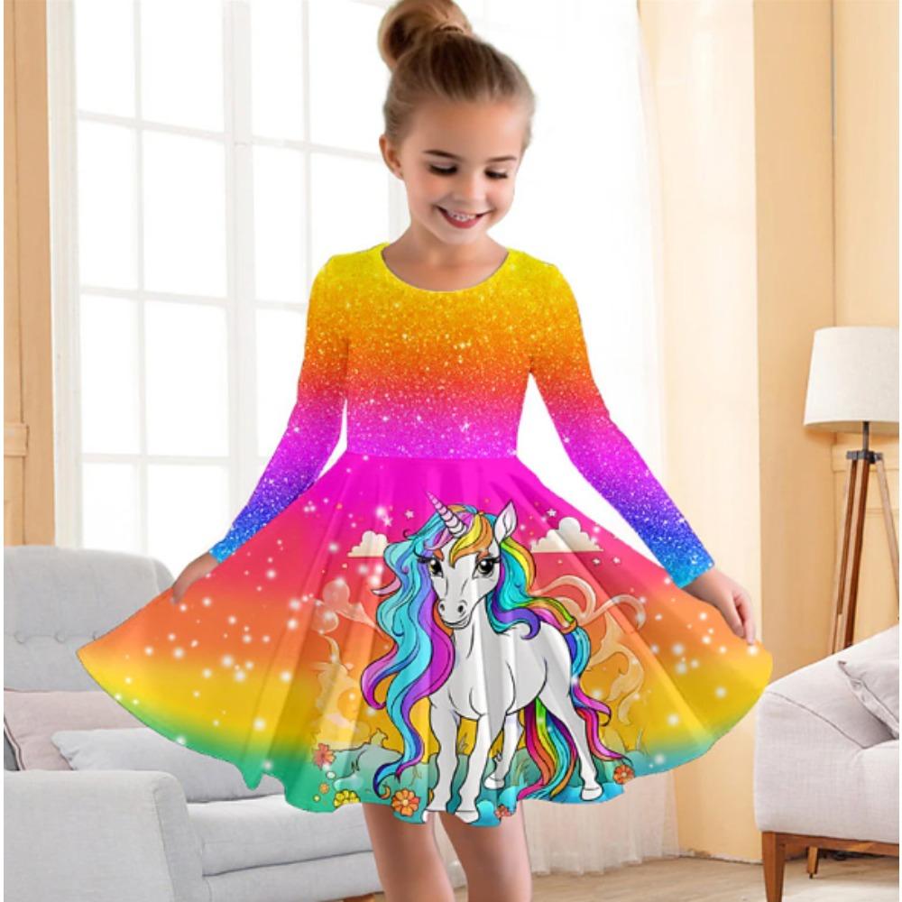 Girl Casual 3D Unicorn Pattern Print Round Neck Long Sleeve Dress Kid Princess Dress