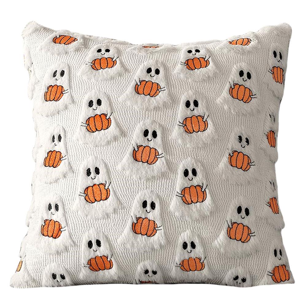 Halloween Plush Faux Fur Pillowcase Comfortable Ghost&Pumpkin Pillow Cover Throw Pillow Cover for Sofa Couch Bed Living Room