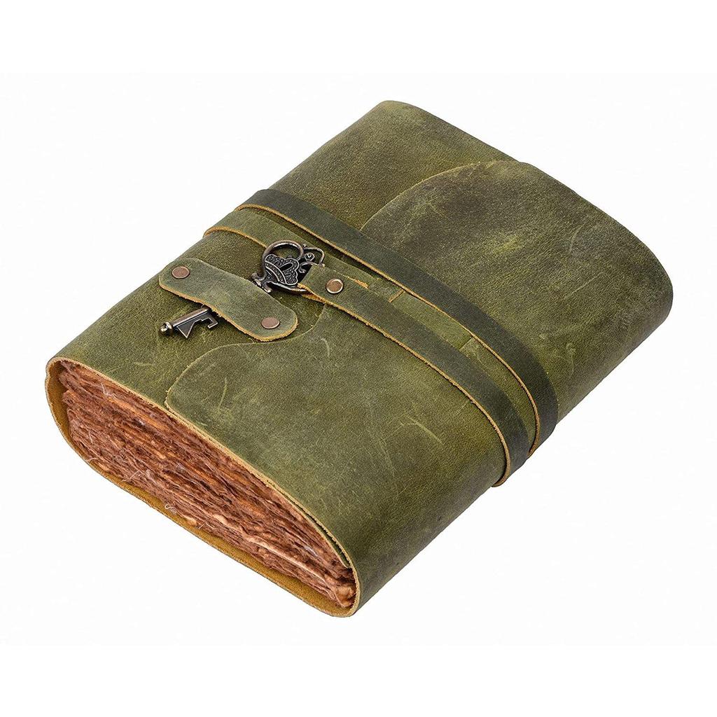 Винтажный кожаный дневник ручной работы - Винтажные страницы ручной работы - Старинная застежка на ключ - Зеленый цвет. Размер 8X6 дюймов