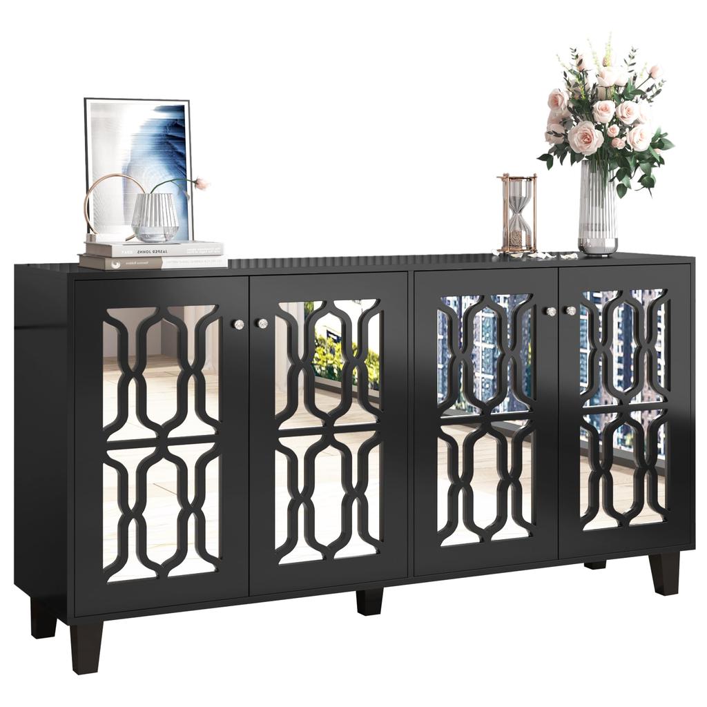 Sideboard Kommode verspiegelte, Anrichte mit 4 Türen, Moderne Beistellschrank Mehrzweckschrank mit verstellbarem Regal