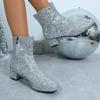 Fashion Women's Fashion Ankle Boots Christmas Glitter Side Zip Block Heel High Heels Cowboy Boots Banquet Wedding Sequins Botas Mujer