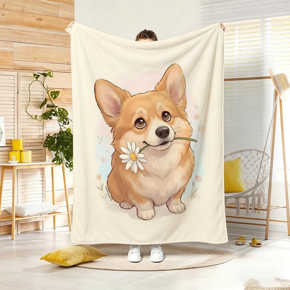 Cute Cartoon Calming Anima Corgi Throw Lightweight 240g Flannel Blanket Soft Skin-friendly for Summer Cooling