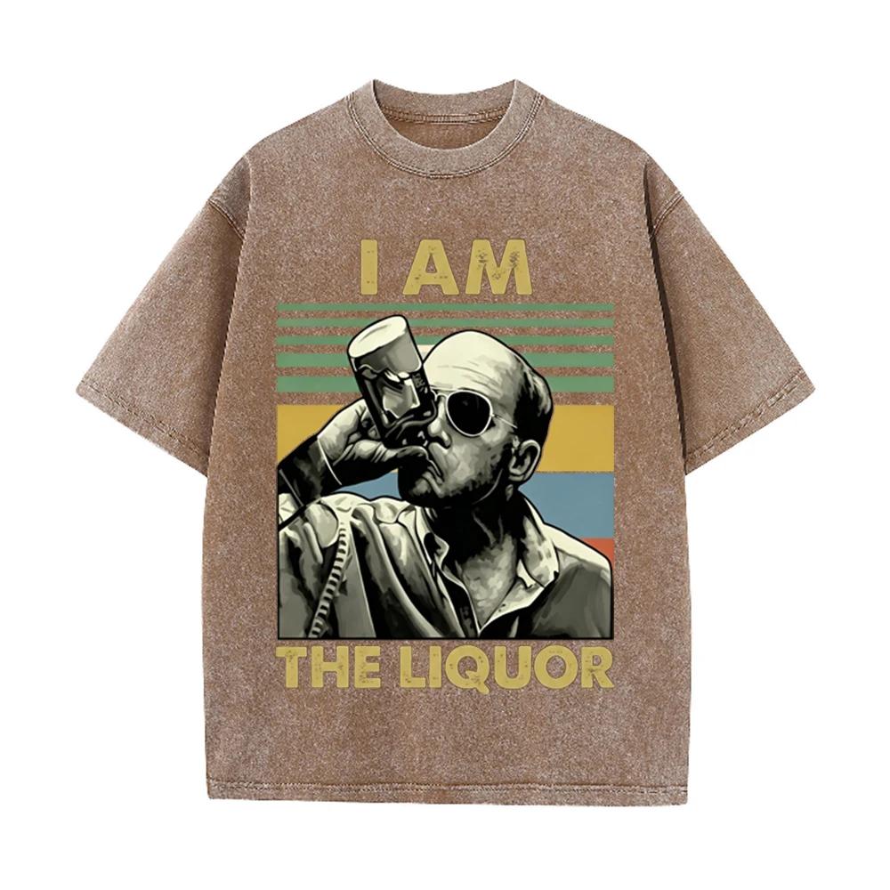 Vintage Washed Beige Retro Man Drinking Portrait Graphic T Shirt Color Block Stripe Print Oversized Men Casual Short Sleeve Tee