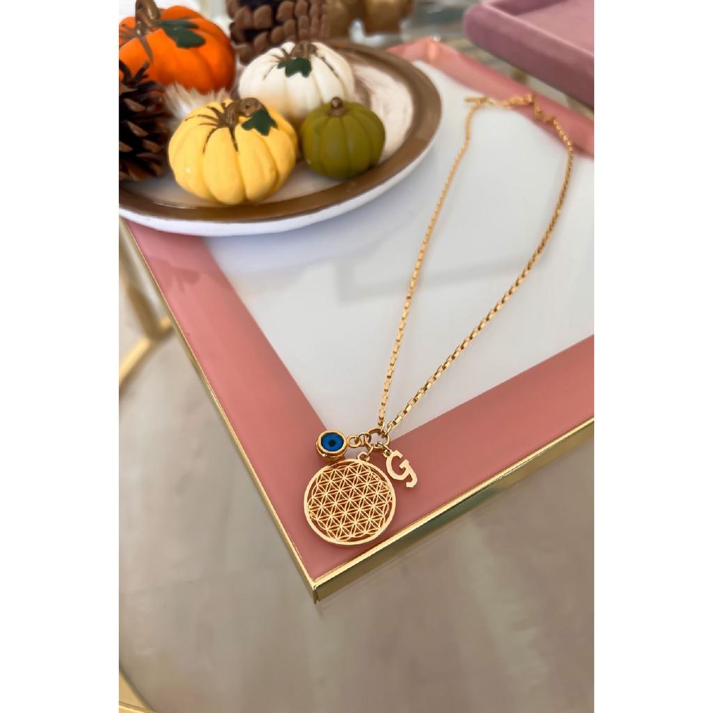 Персонализированное колье «Цветок жизни» с буквой G и подвеской «Сглаз»