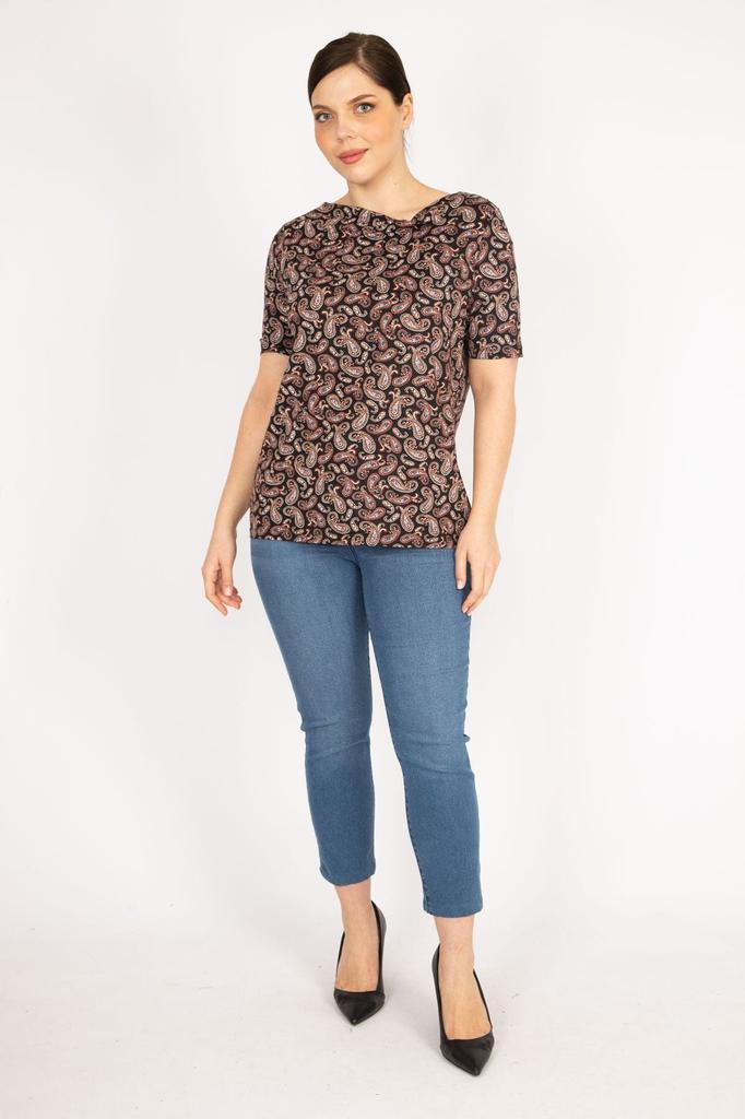 Women's Big Size Blouse Colorful Plus Size Paisley Patterned Collar Detailed Blouse