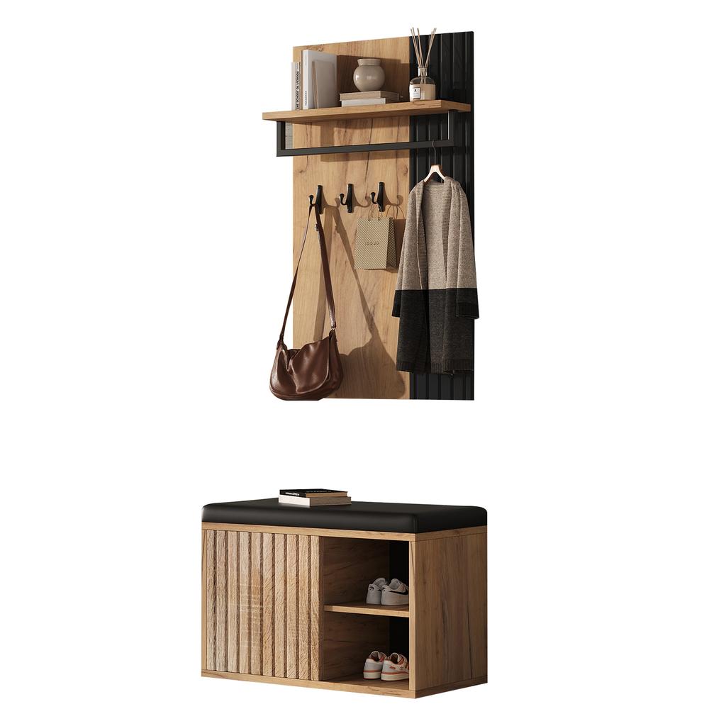 Shoe Bench, Hallway Furniture, Shoe Cabinet with 2 Doors, with Back Panel with 3 Hooks, Black and Natural Color; Dimensions: W70/D36/H146cm (W×D×H)
