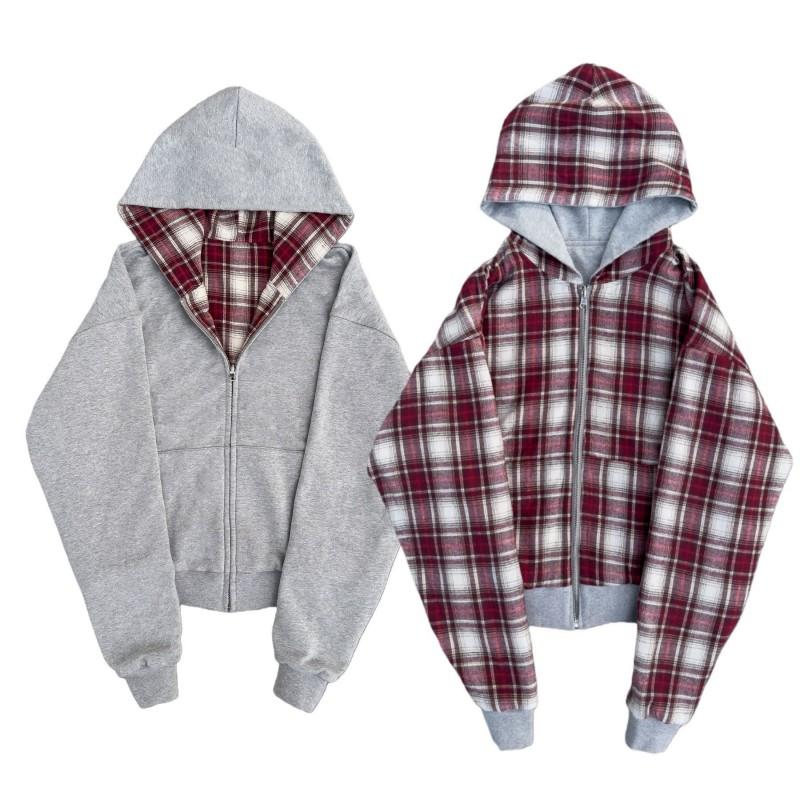 Womens Reversible Zip-Up Hoodie Plaid Print Casual Loose Fit Sweatshirt