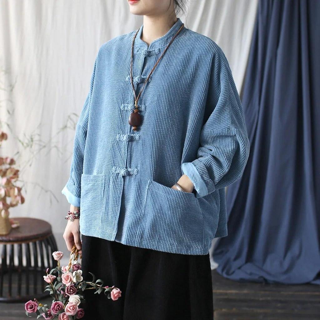 Johnature Women Vintage Stand Jackets Stand Long Sleeve Autumn Coats Button Solid Color Patchwork Pockets Jackets