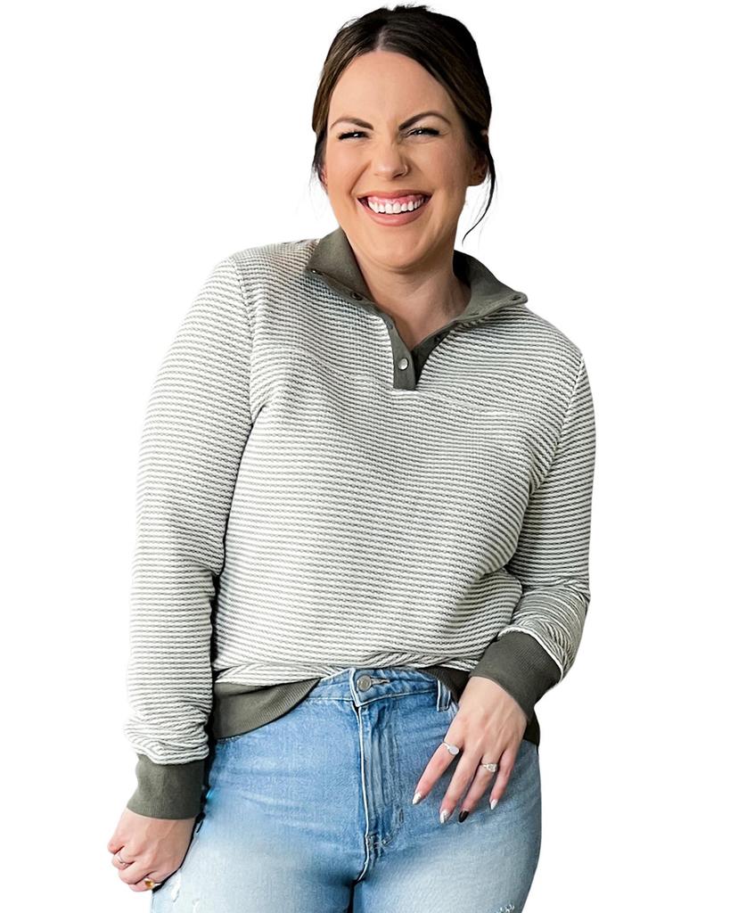 Azura Exchange Green Striped Contrasting Trim Plus Size Henley Pullover