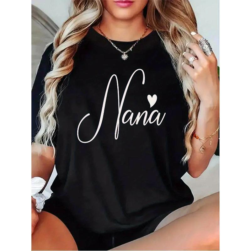 Женская неоновая футболка 'Nana' с принтом сердца (европейский размер) - Повседневный топ с коротким рукавом и круглым вырезом с неоновым принтом Nana и сердца