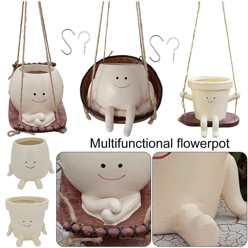 Smiling Face Flower Pot Resin Cute Plant Succulent Pots Creative Hanging Swing Chair Planter for Indoor Outdoor Plant