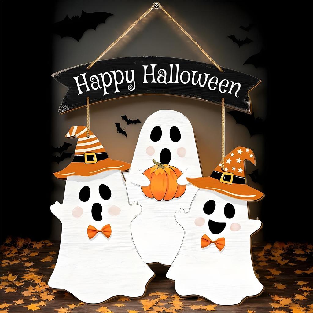Halloween Wooden Door Sign Door Hanger Ghost Sign Hangable Decoration For Indoor Outdoor Wall Entrance Porch Living Room