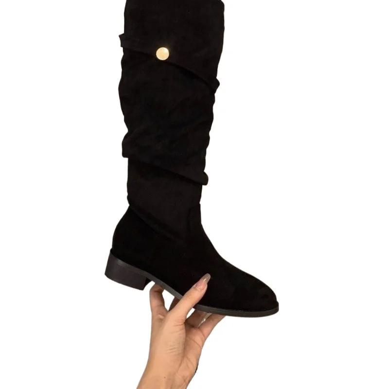 Fashion Knight Boots Ladies 2024 Chunky Heel Autumn Winter Western Tall Thin Retro Slim Fold Pile Women's Riding Boots