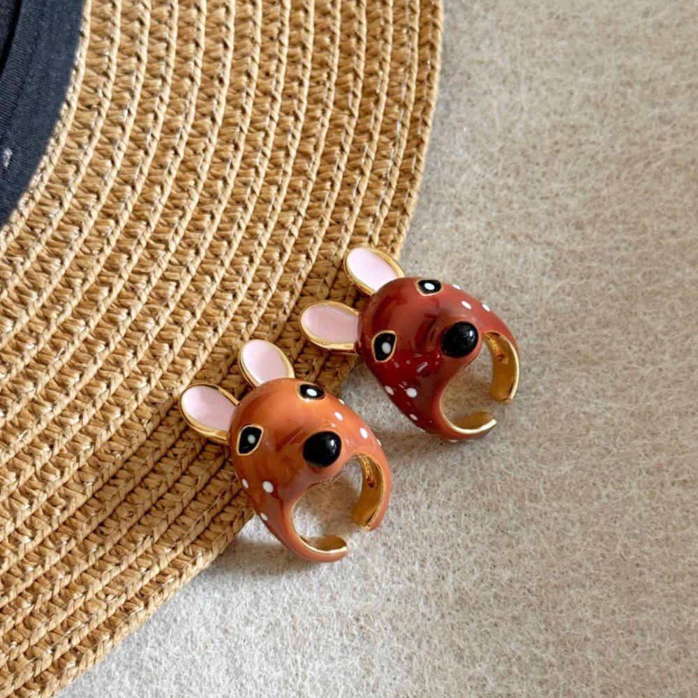 Geometric Enamel Ring Brown Chunky Animal Ring Lovely Deer Drip Oil Ring Gift