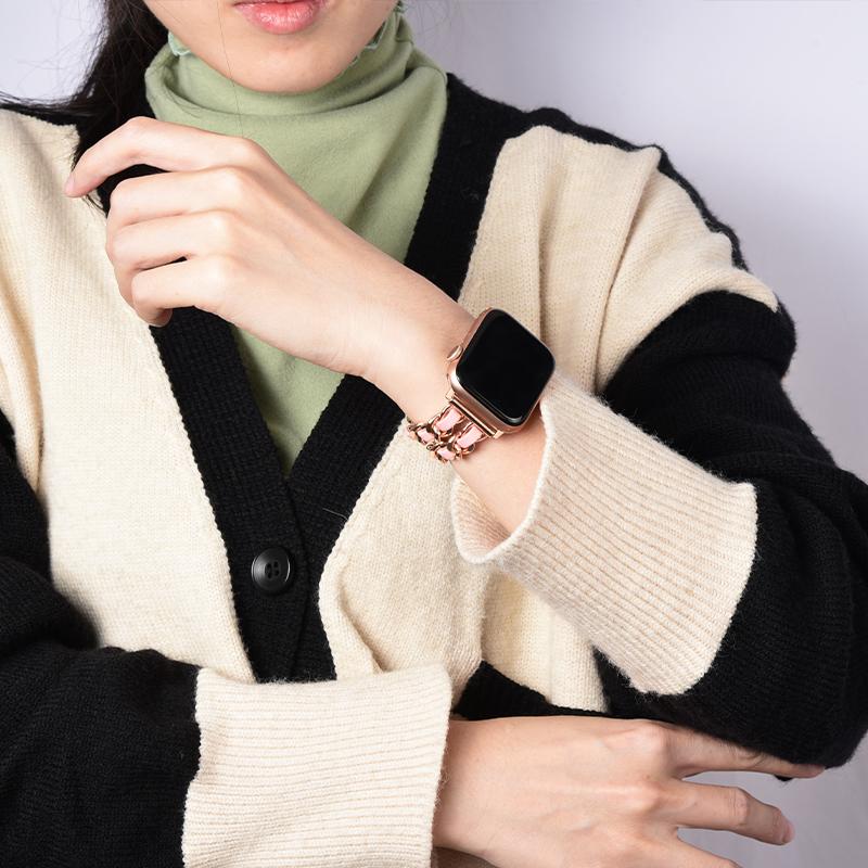 Watchband Double Row Metal Denim Chain Gold Wristband for Apple Watch Band 38 40 41 42 44 45 49 Mm Strap Lady Metal Leather Bracelet