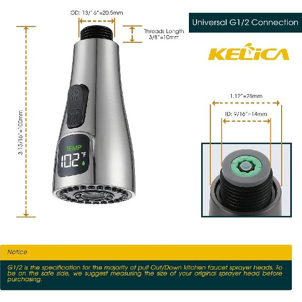 Kelica LED Faucet Head Replacement, Pull Down Kitchen Sink Faucet Head Replacement with LED Temperature Display, Kitchen Faucet Sprayer Nozzle, 2