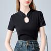 Short-sleeved T-shirt for Women New Style New Chinese Women's Stand-up Collar Retro Button T-shirt Design Sense Hollow Top