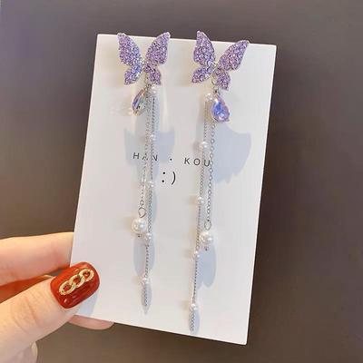 Фиолетовые серьги-кисточки с бабочками - Игла из серебра S925, Ретро дизайн
